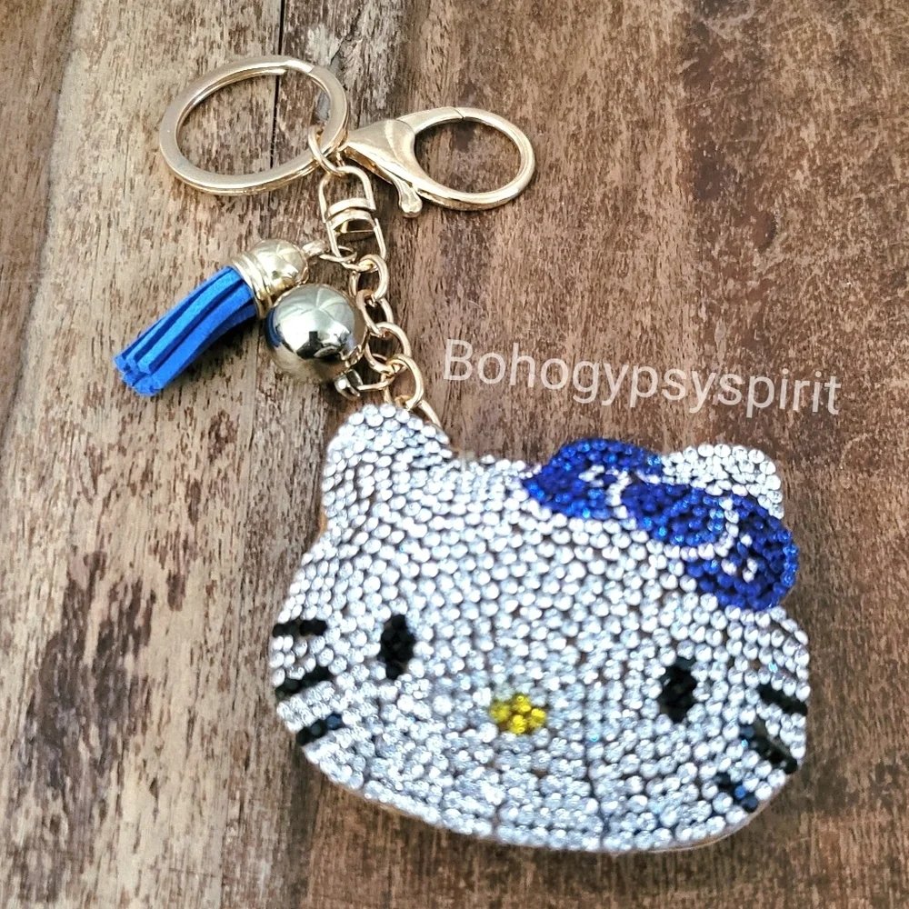 Hello Kitty Blue Bow Crystal Rhinestone Keychain Bag Charm With Tassel